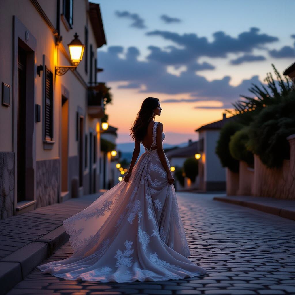 Woman in Silk Gown on Cobblestone Street at Dusk