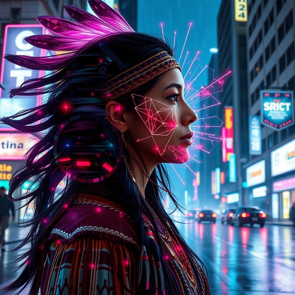 Native American Woman's Spirit Merges with Cyberpunk City