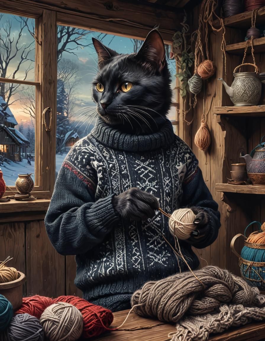 Black Cat Knitting: Elaborate Ink Fantasy Art