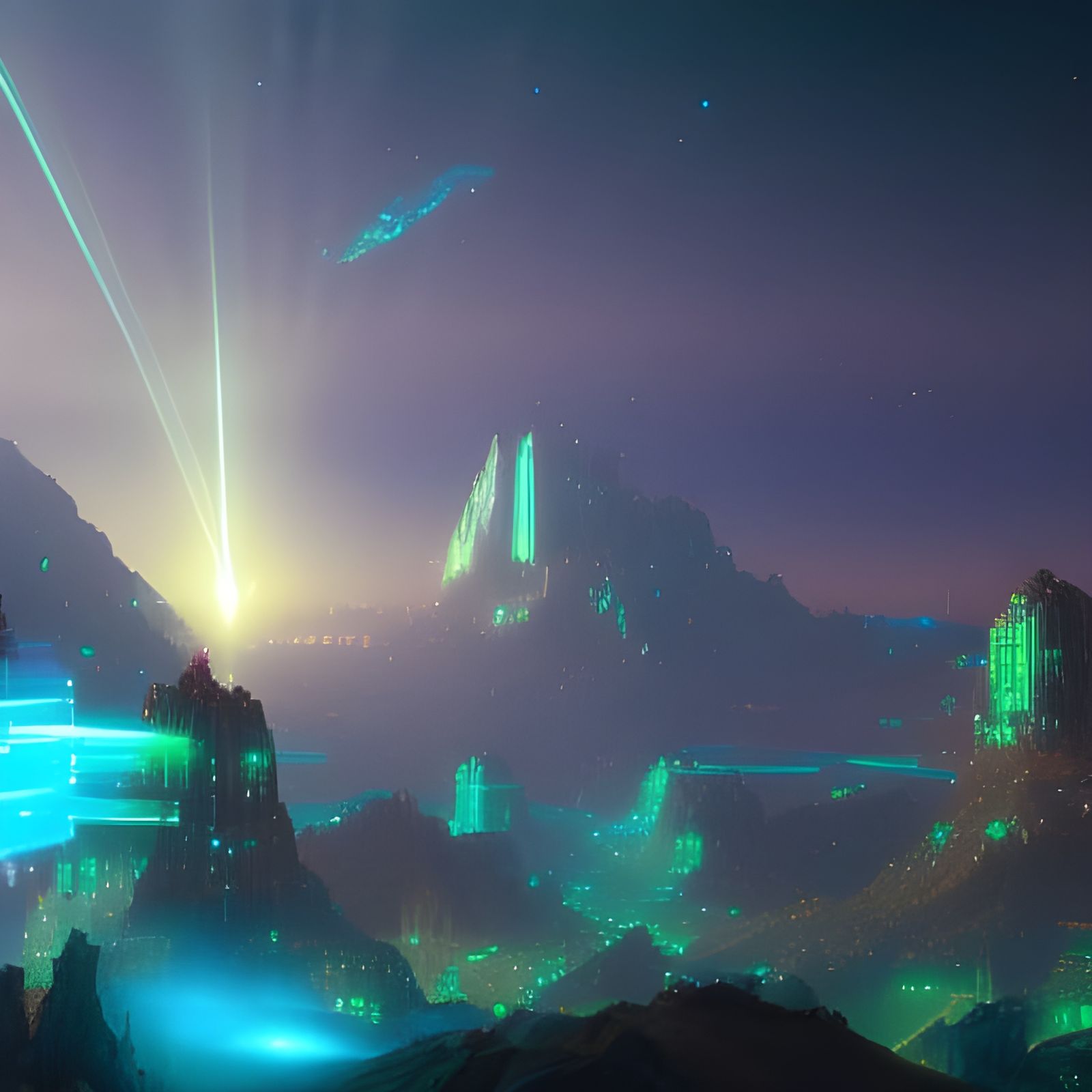 Holographic Meteor Shower Over City: Digital Art