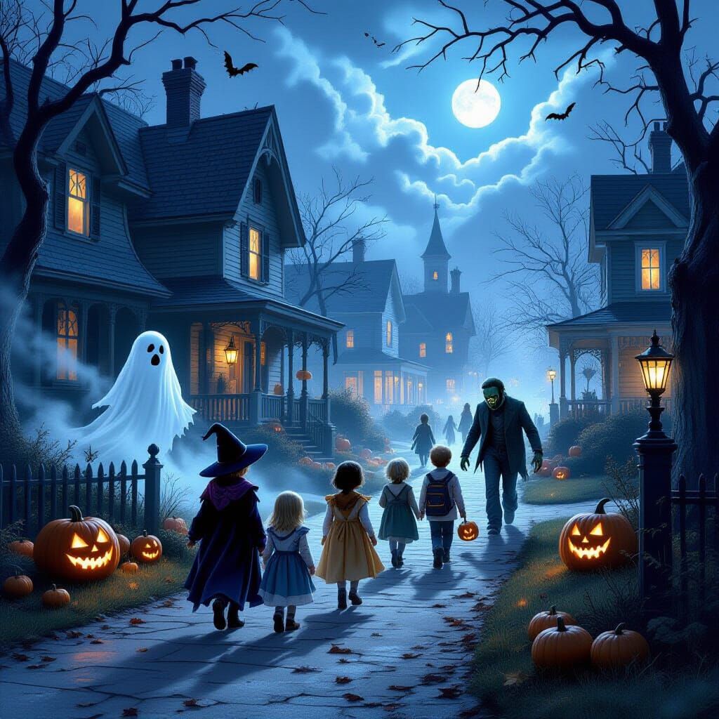 Eerie Halloween Night With Trick-or-Treaters and Spooky Deco...