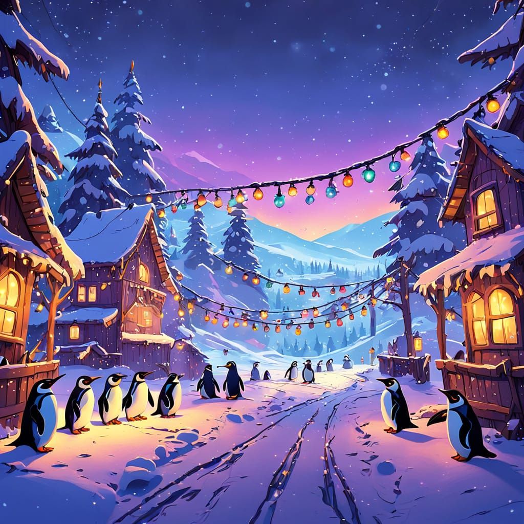 Whimsical Penguins in a Winter Wonderland Scene