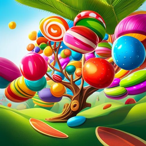 burning tree Candy art style! Whimsical playful colorful! candy!!! 🍬🍭 Candyland art!! “Hyperrealistic hyperdetailed hi...