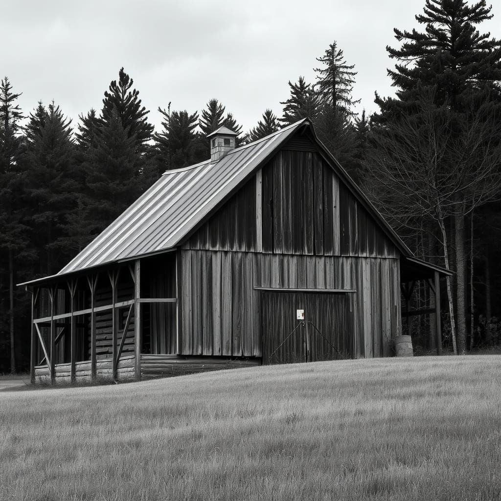 Rustic Barn on Forest Edge in Monochrome