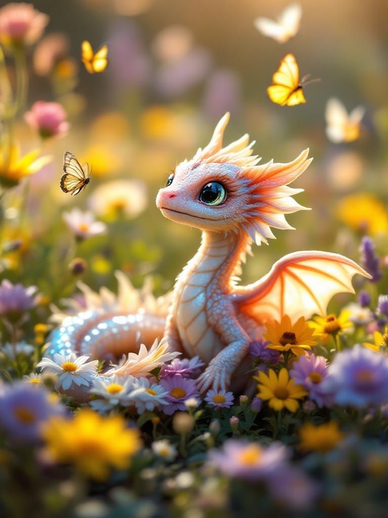 Whimsical Dragon Hatchling in Iridescent Paradise