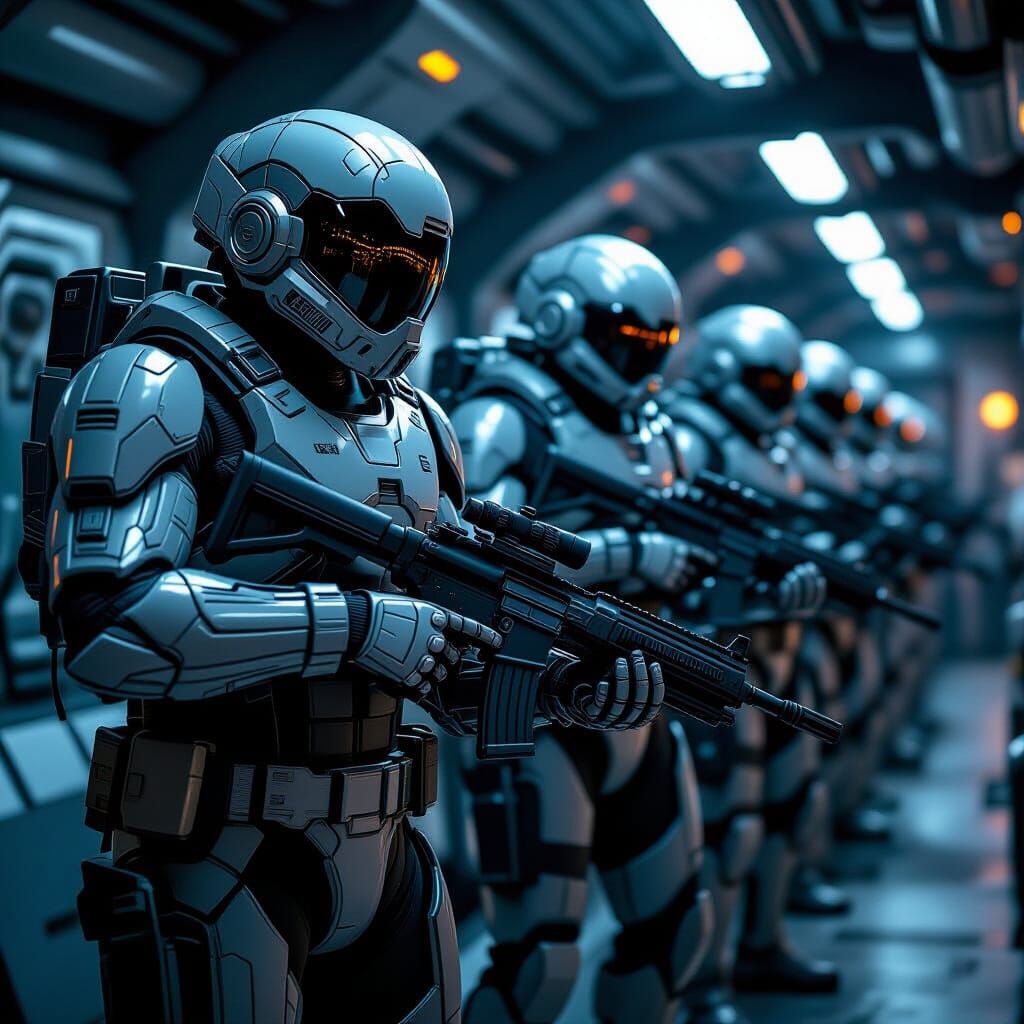 Futuristic Troopers Prepare for Close Combat in Spaceship