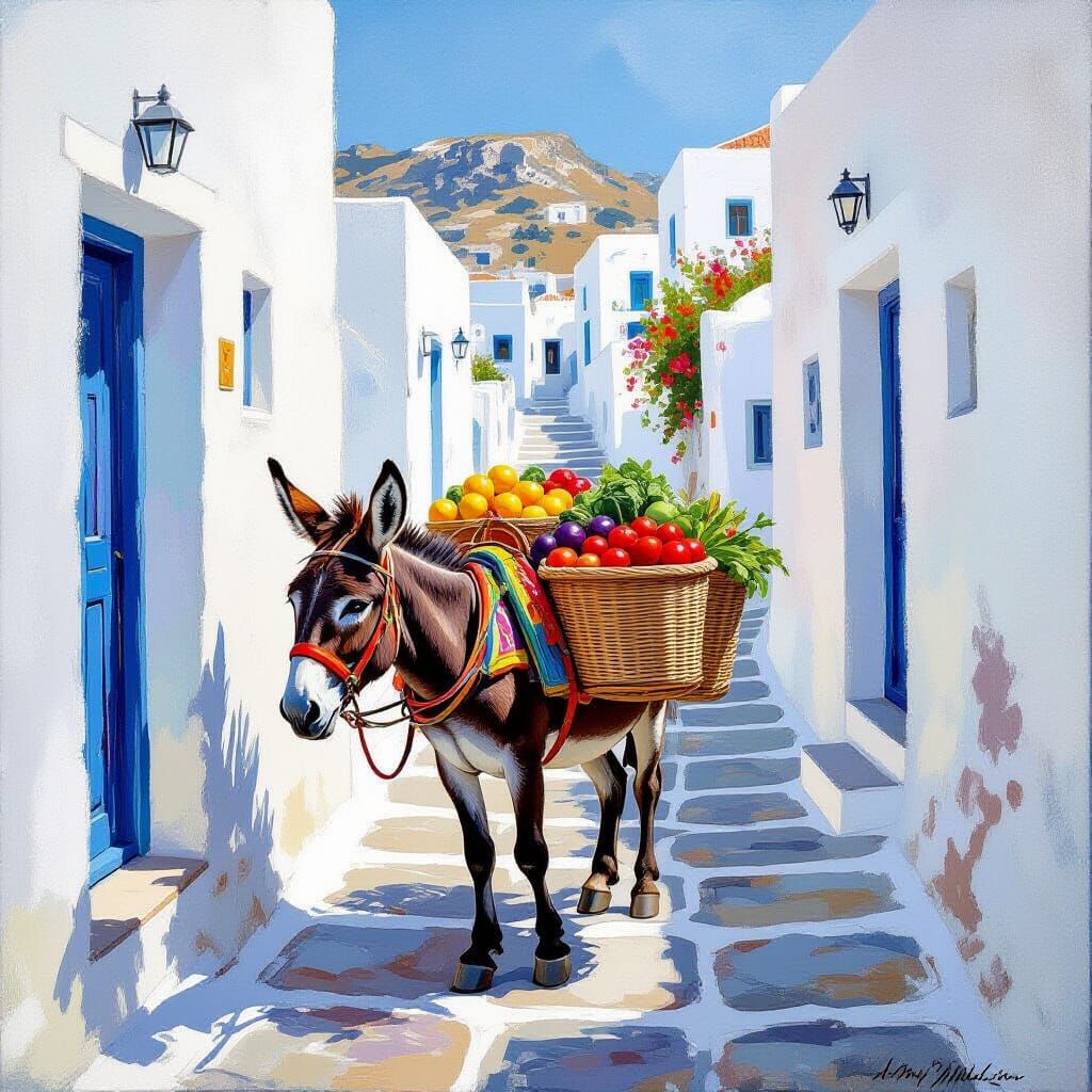 Donkey Ascends Mykonos Stairs in Impressionist Style