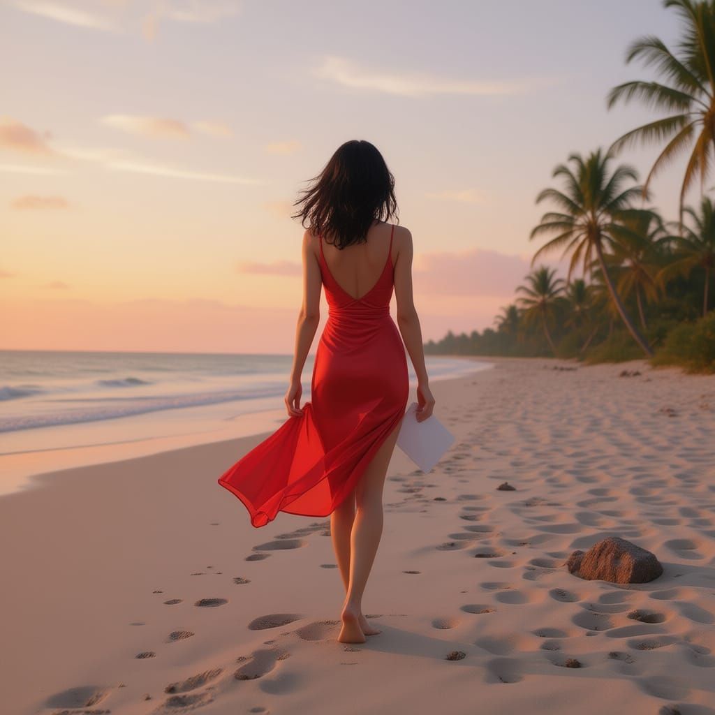 Girl in Red Dress Walking on Beach at Sunset
