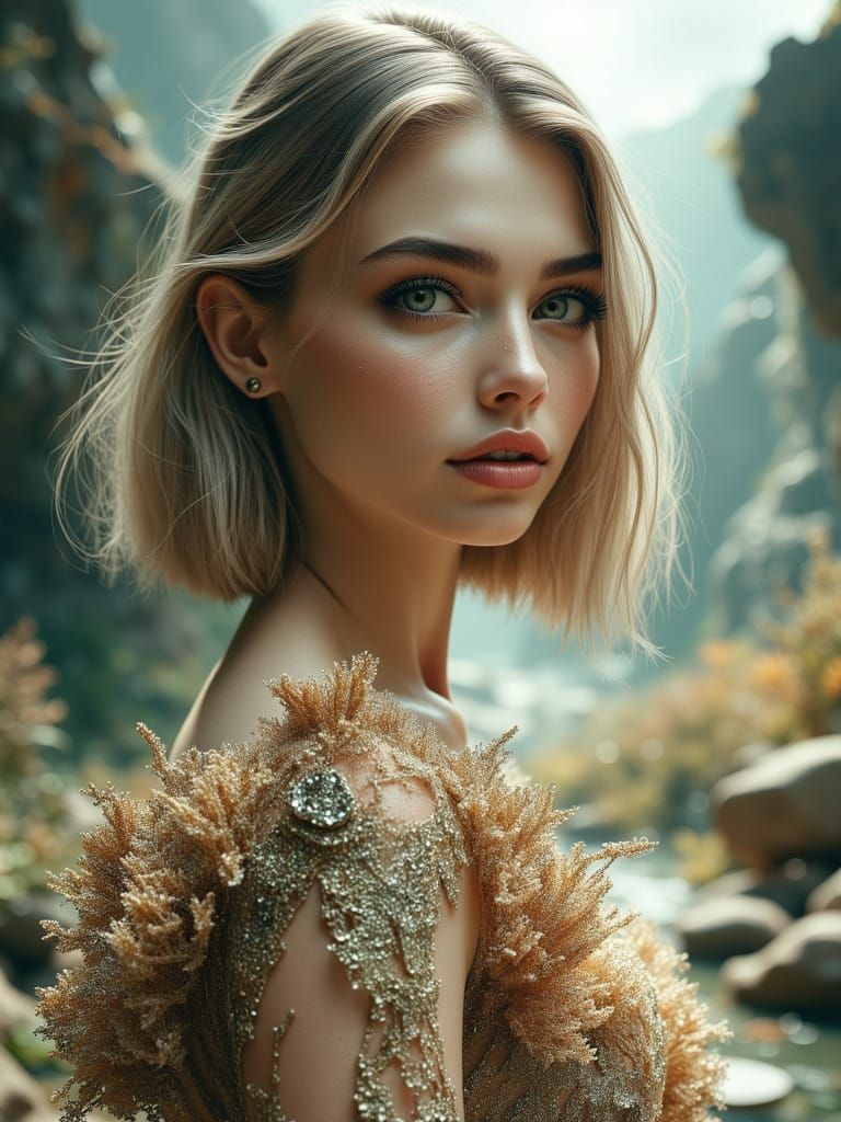 Young Woman in Coral Gown, 3D Render