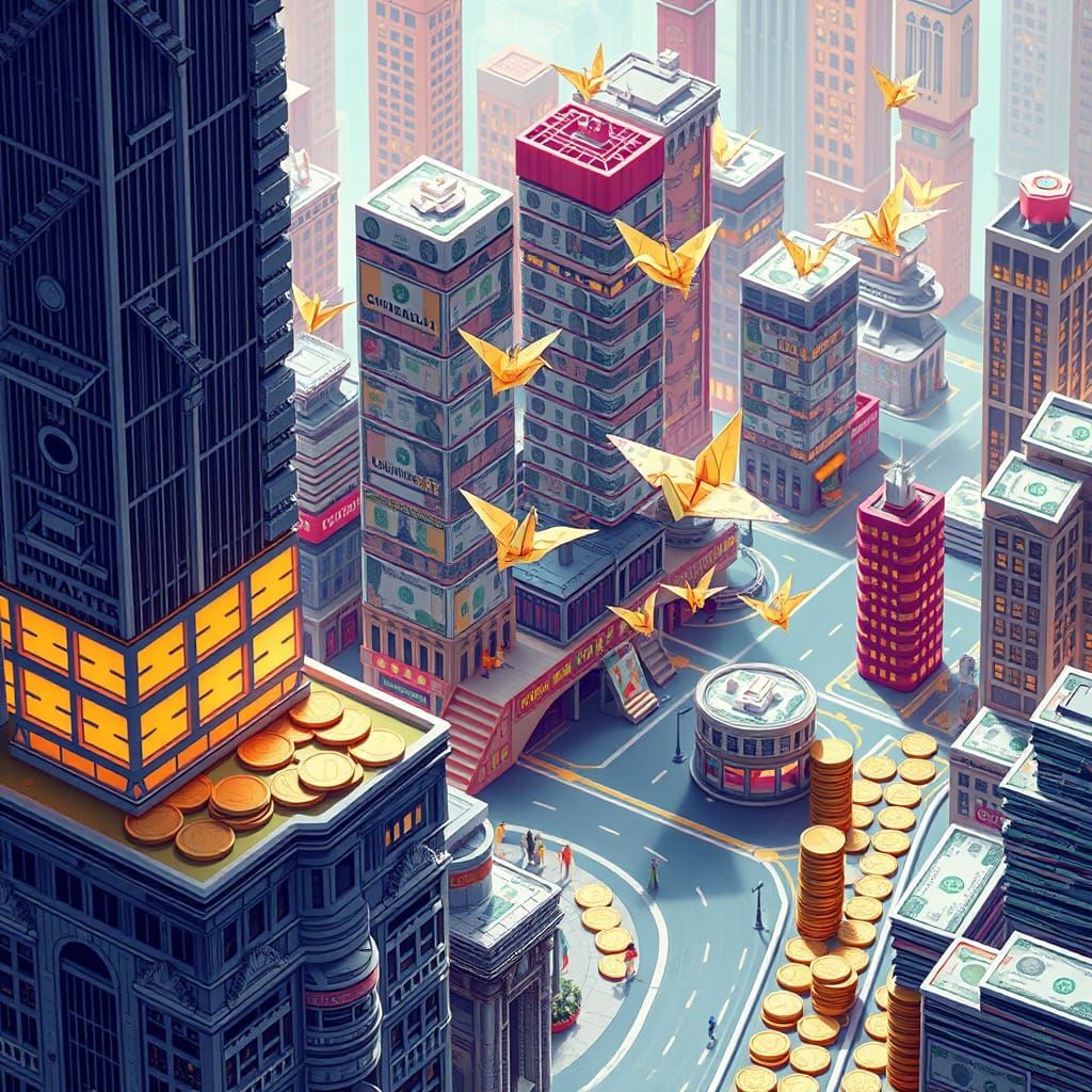 Paper Money Cityscape: Isometric View