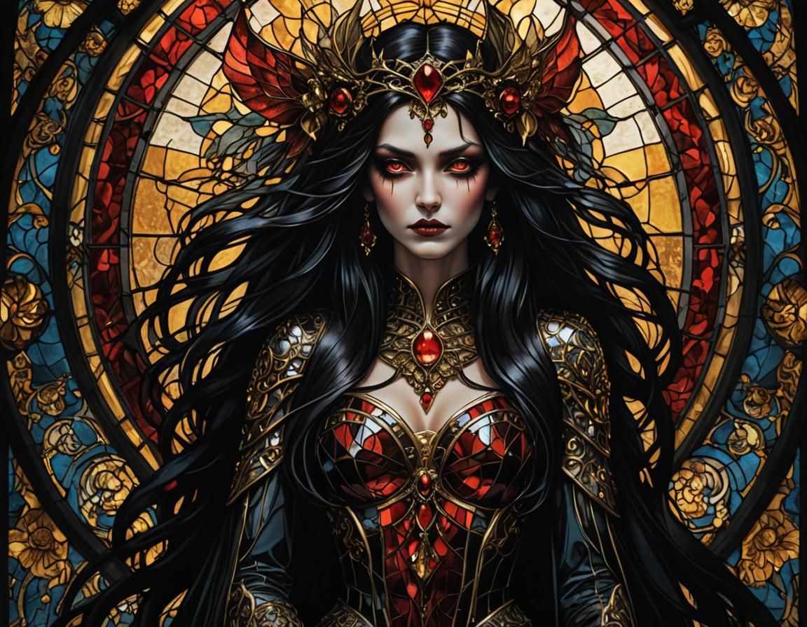 Sinister Dark Fairy Goddess in Stained Glass