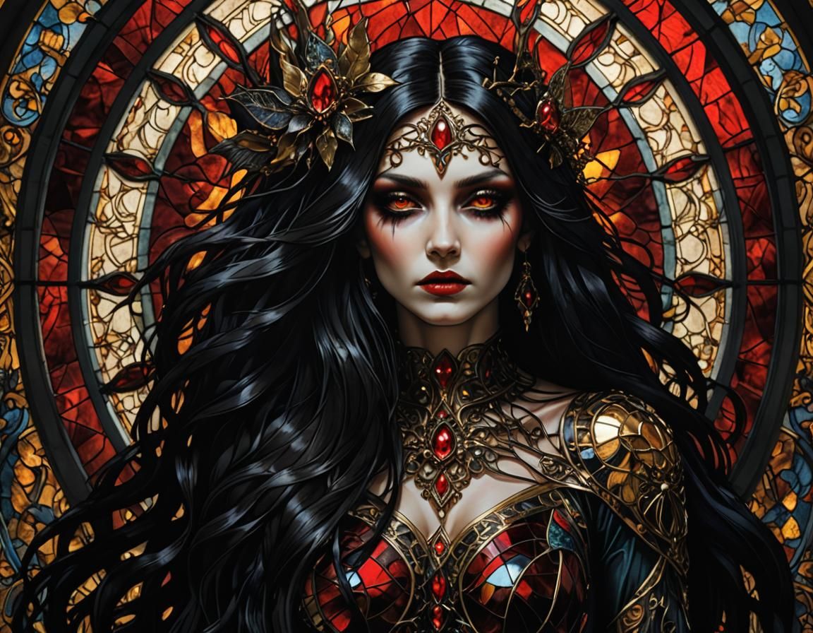 Dark Fairy Goddess in Stained Glass Style