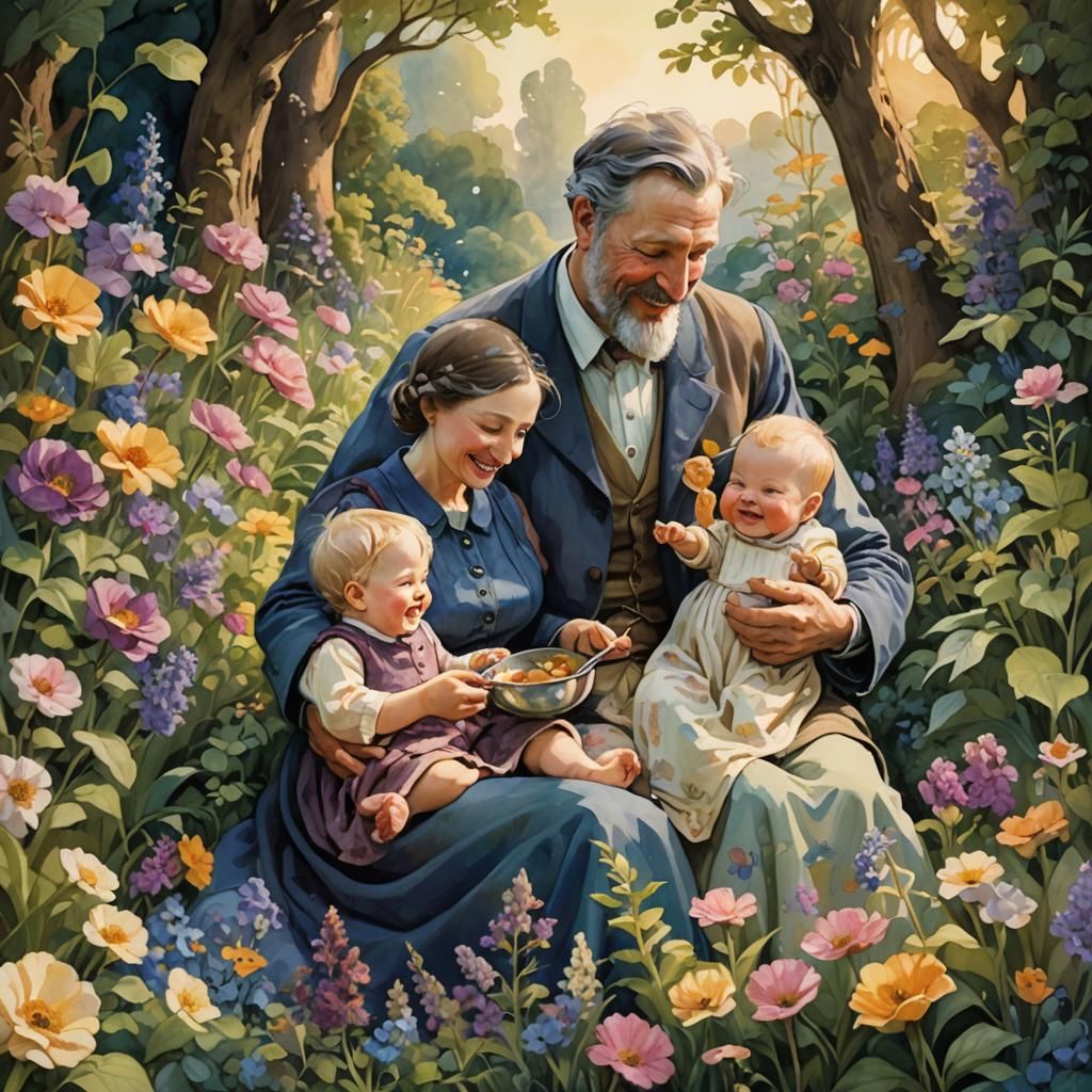 Whimsical Family Scene in Fantasy Illustration Style