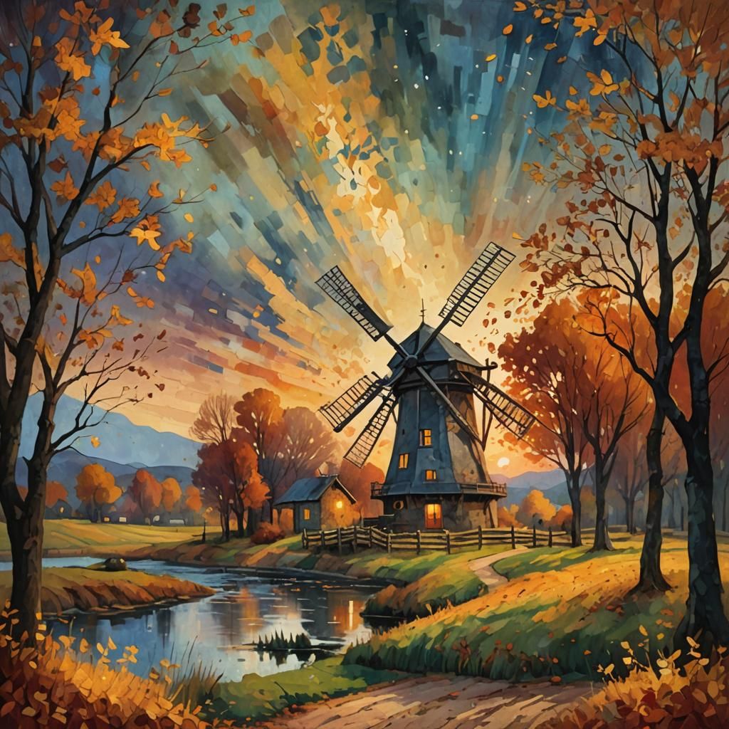 Autumn Windmill Landscape in Impressionist Style
