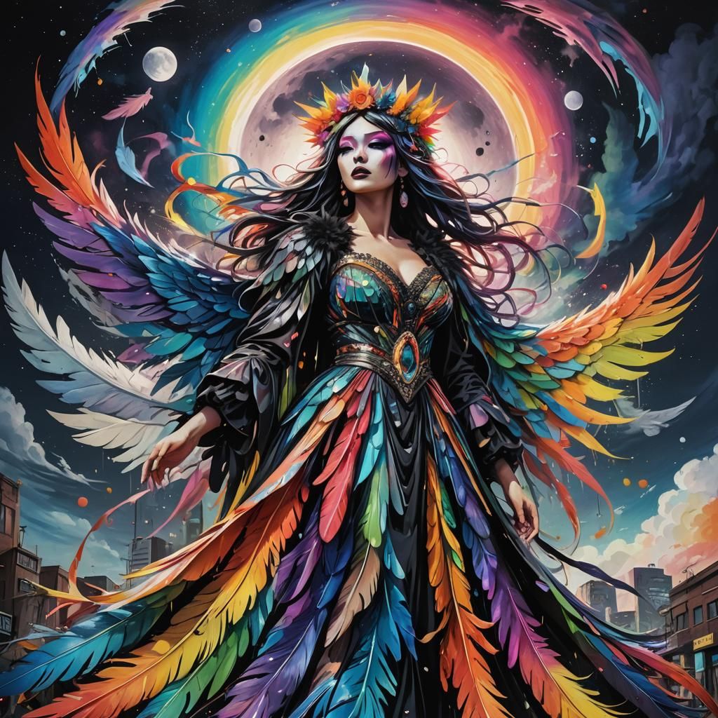 Rainbow Angel Queen in Surreal Graffiti Art