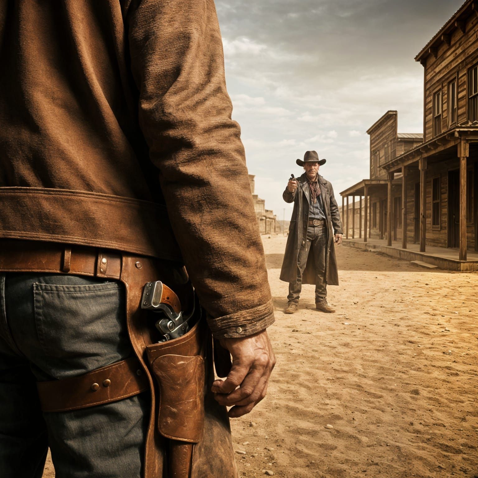 Tense Cowboy Standoff in a Deserted Western Street