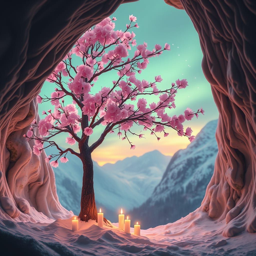 Surreal Cherry Blossom Sanctuary in a Snowy Mountain Cave