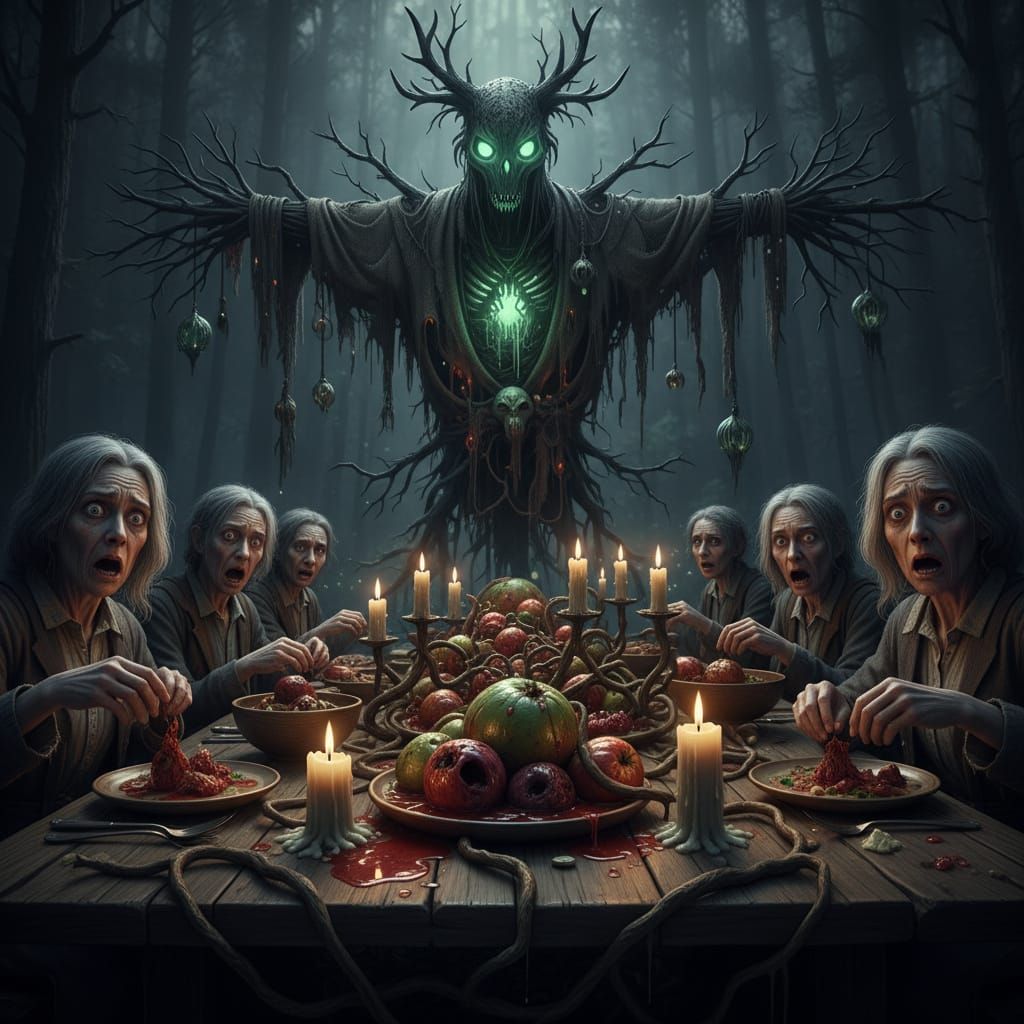 Harvest Feast Under Giant Scarecrow Idol