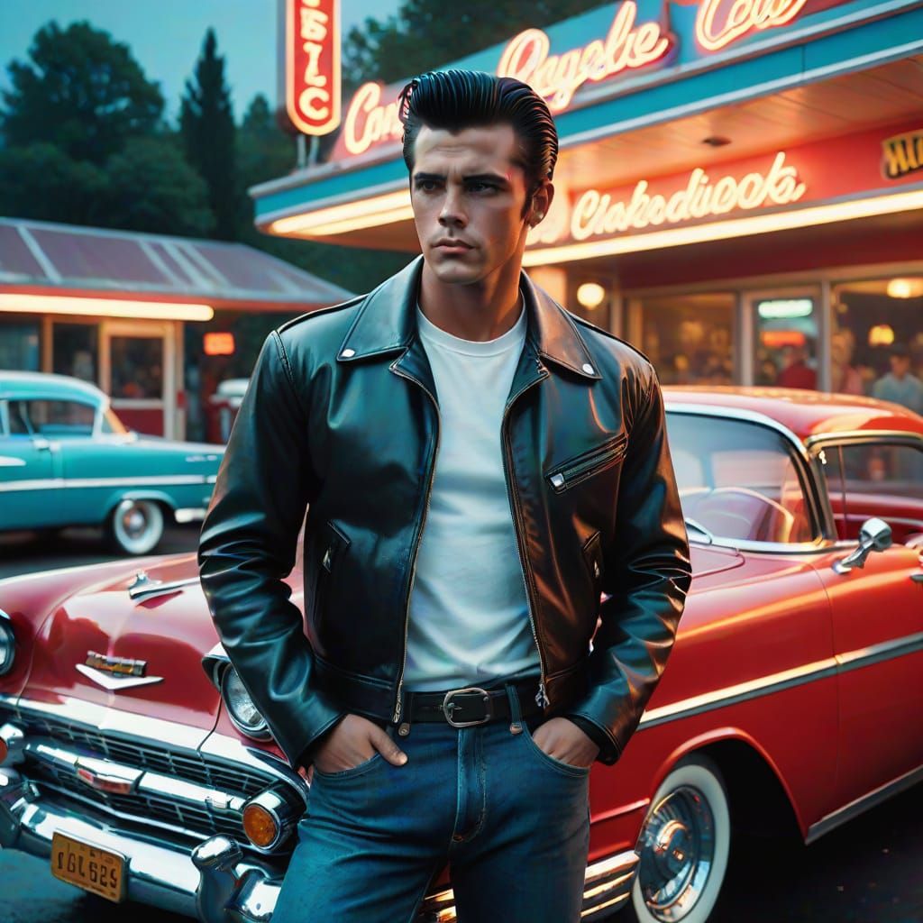 Greaser Leaning on 1957 Chevy at Diner in Cinematic Style
