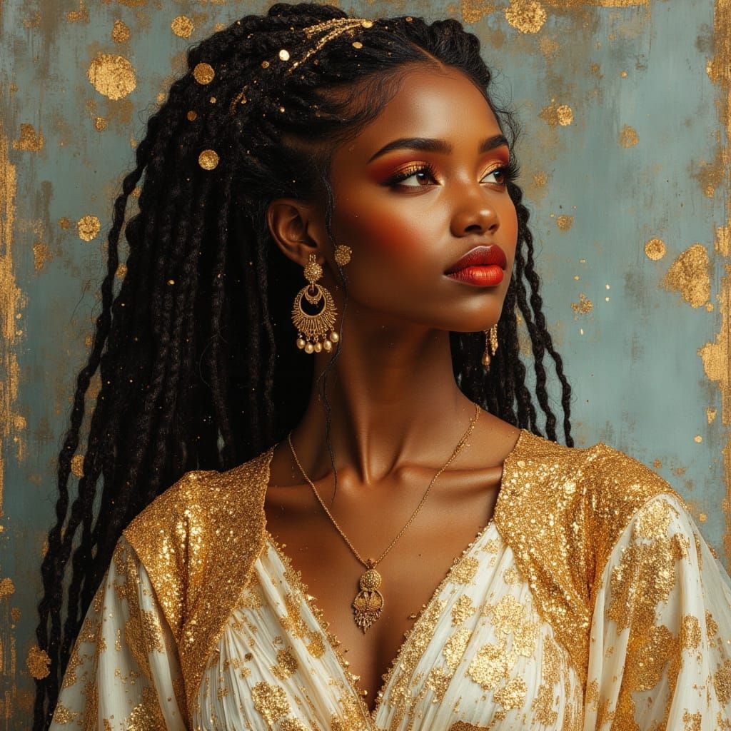 Elegant African Goddess Portrait in Divine Oil Painting Styl...