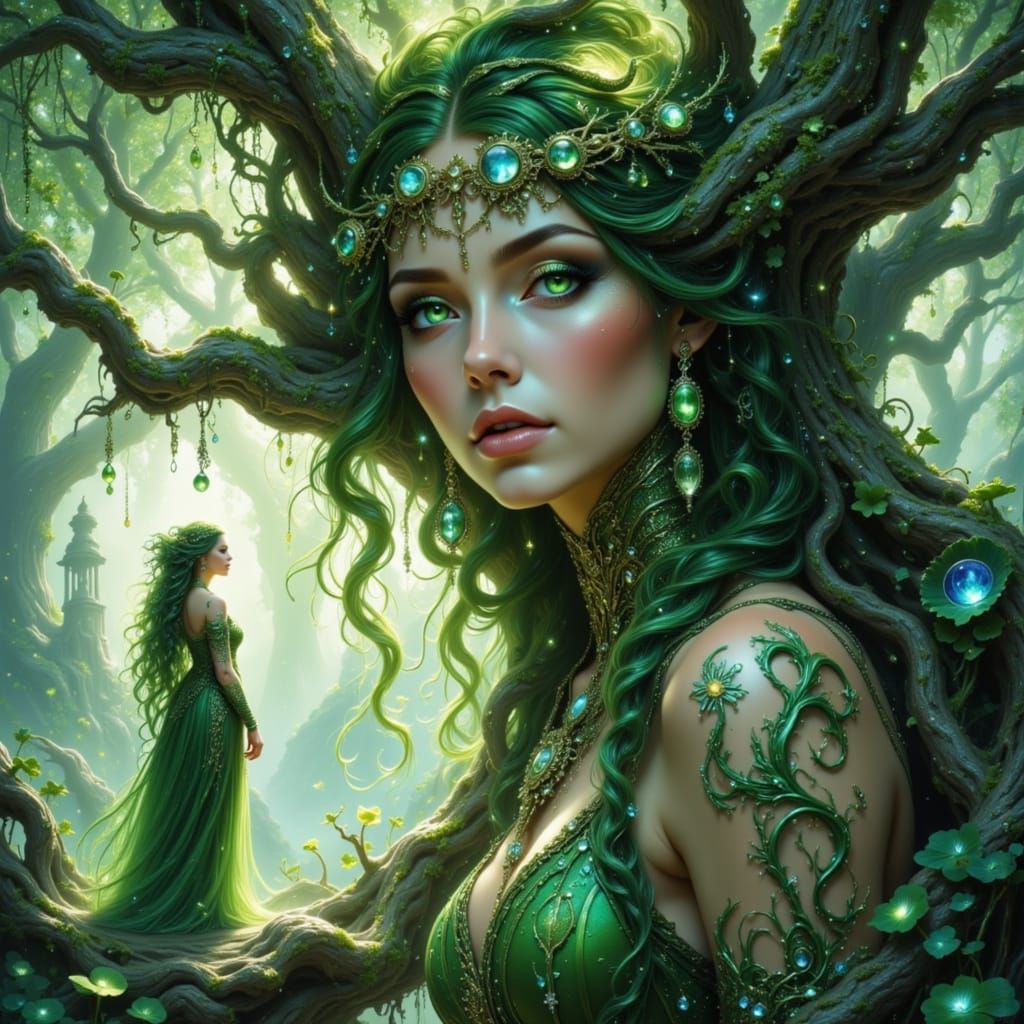 Dryad Protects Her Ancient Oak Tree in Digital Painting