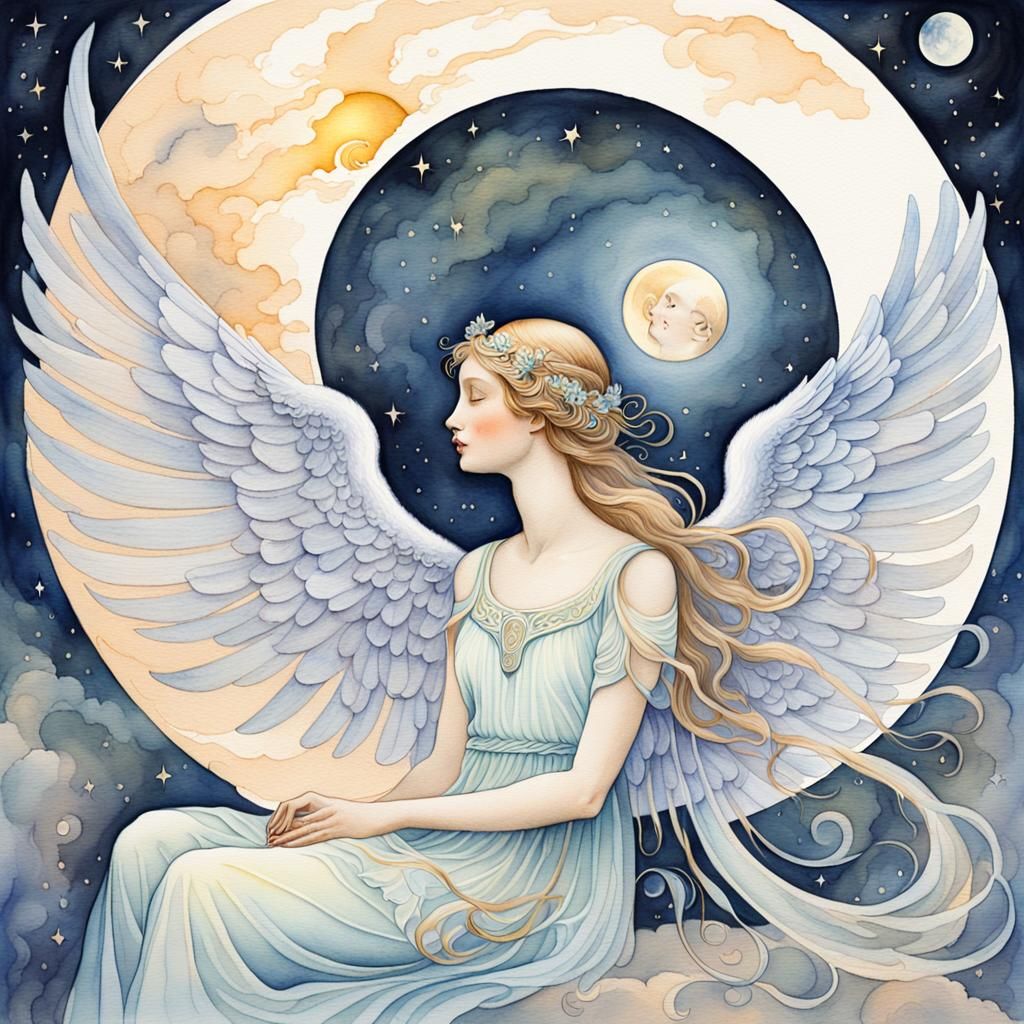Art Nouveau Angel on Moon Watercolor Painting