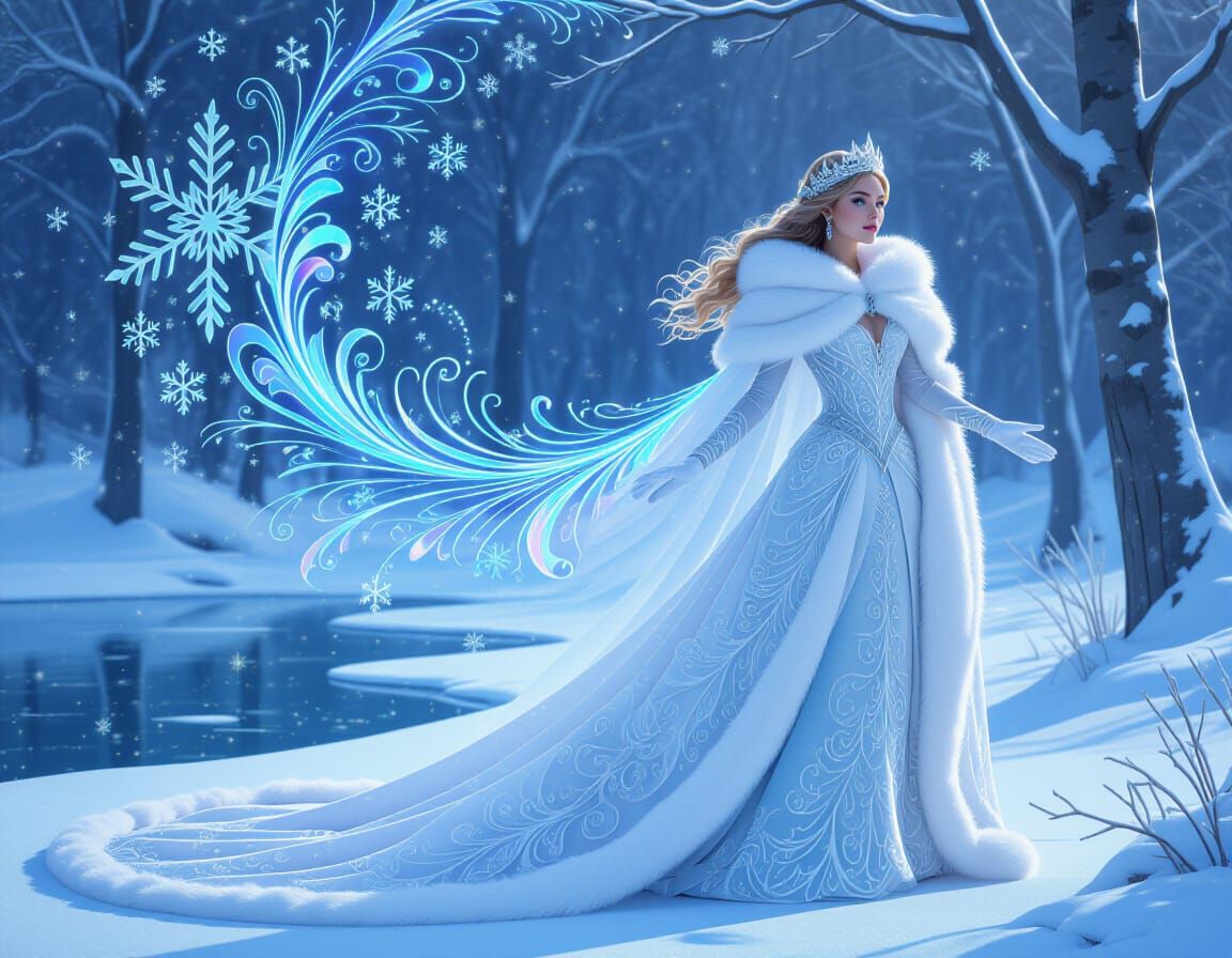 Magical Princess in Winter Forest with Snowflake Galaxy