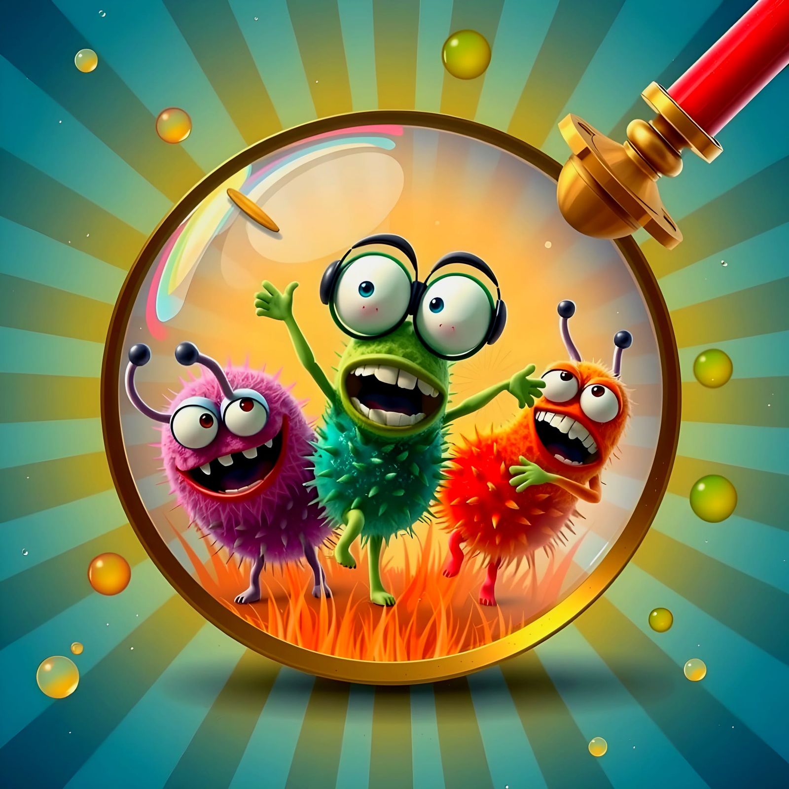 Silly Microbes Dancing Under Magnifying Glass Cartoon