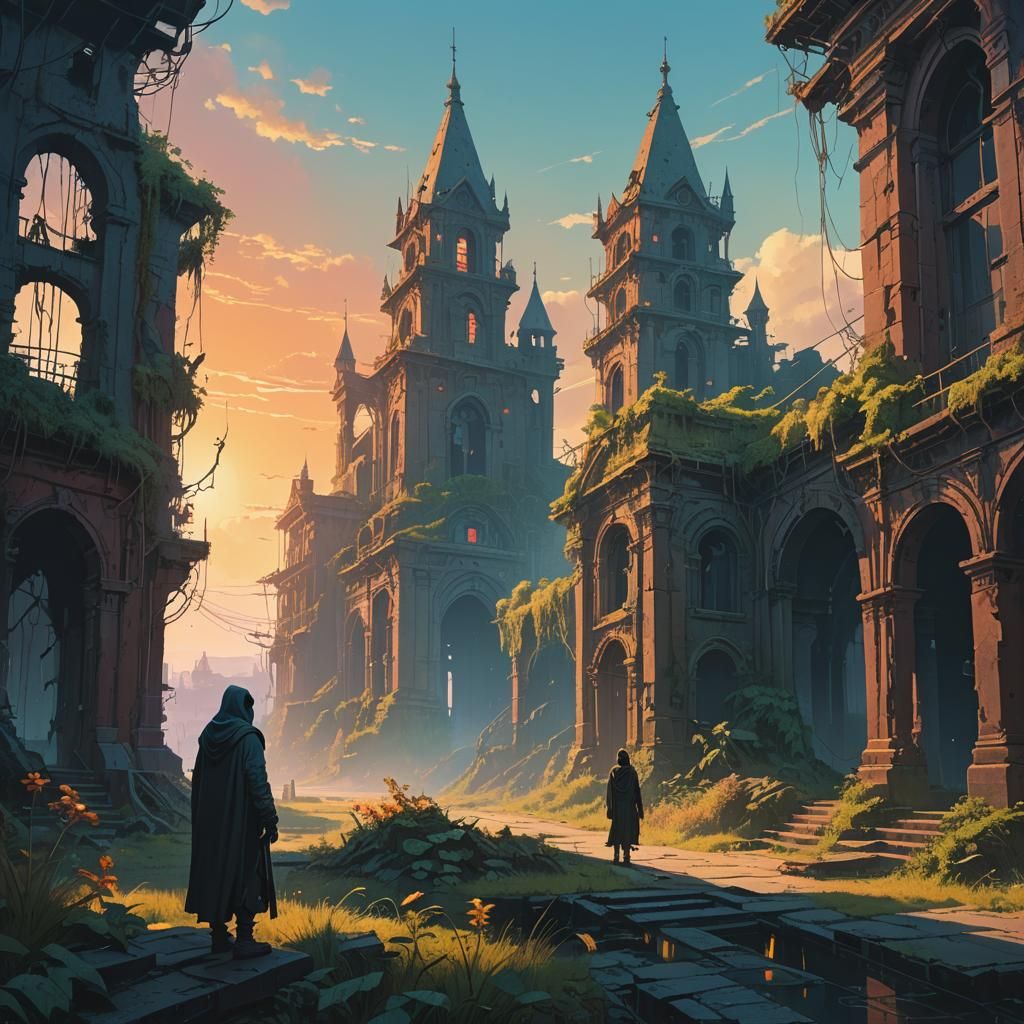 Ethereal Fantasy Art: Cloaked Figure in Abandoned City