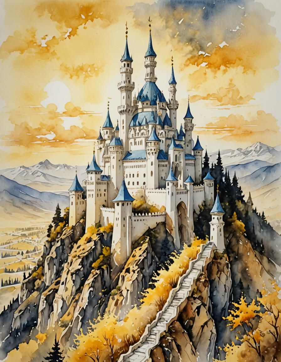 White Filigree Castle on Mountain in Watercolor Style