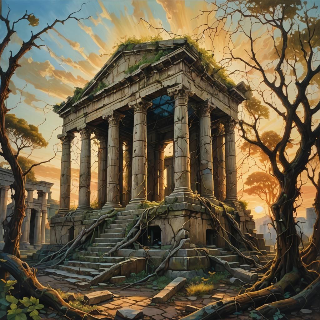 Surreal Ruined Roman Temple as Vivid Oil Painting