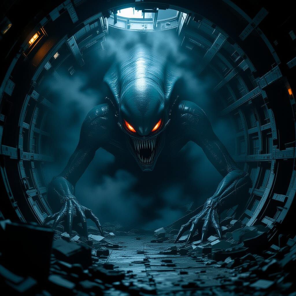 Monstrous Alien Entity in Spaceship Wreckage