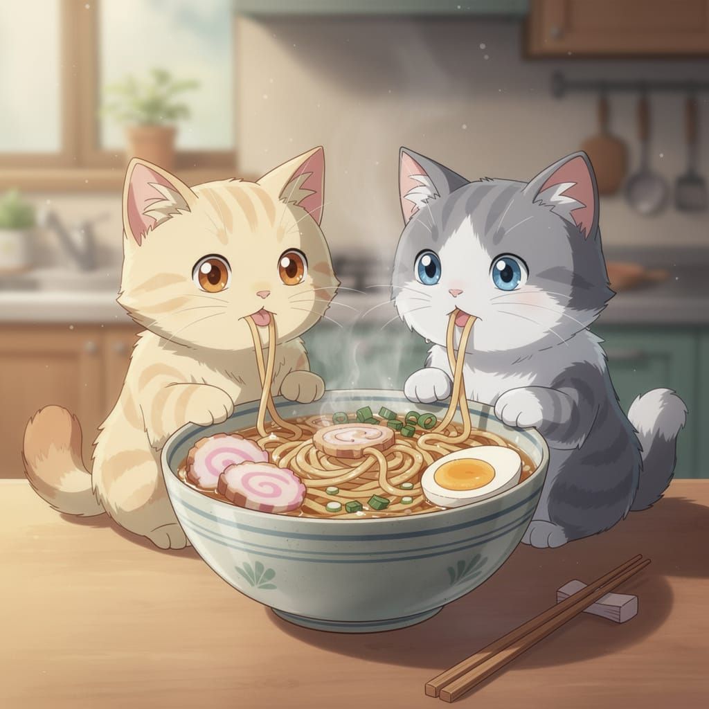 Adorable Kittens Share Ramen in Whimsical Anime Style