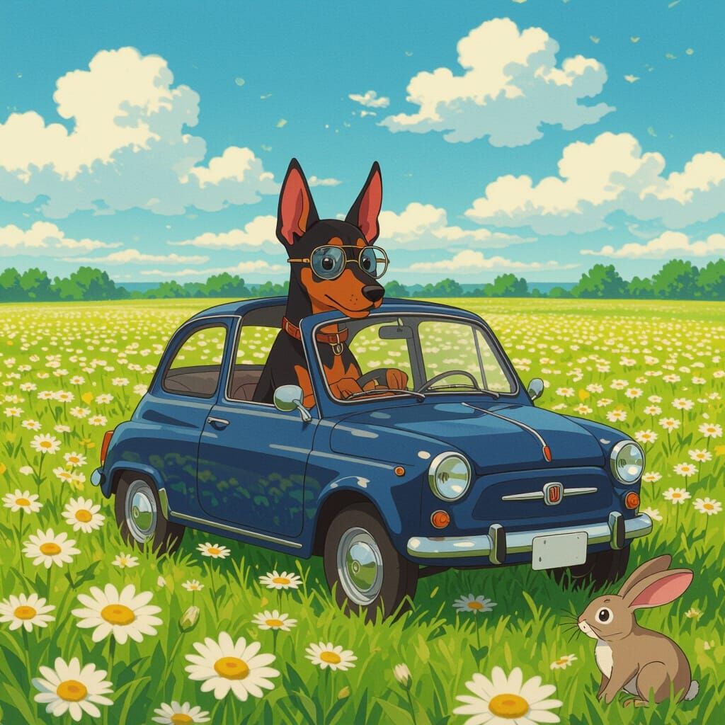 Doberman Drives Fiat Through Daisy Field in Anime Style
