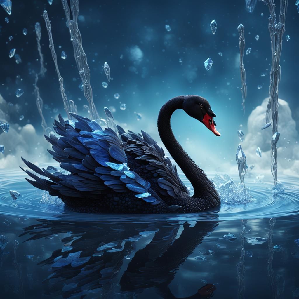 Black Swan in Blue Water: Detailed Digital Art