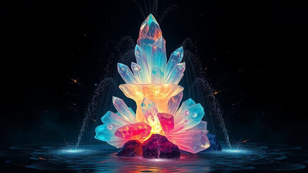 Neon Crystal Fountain in Infinite Space