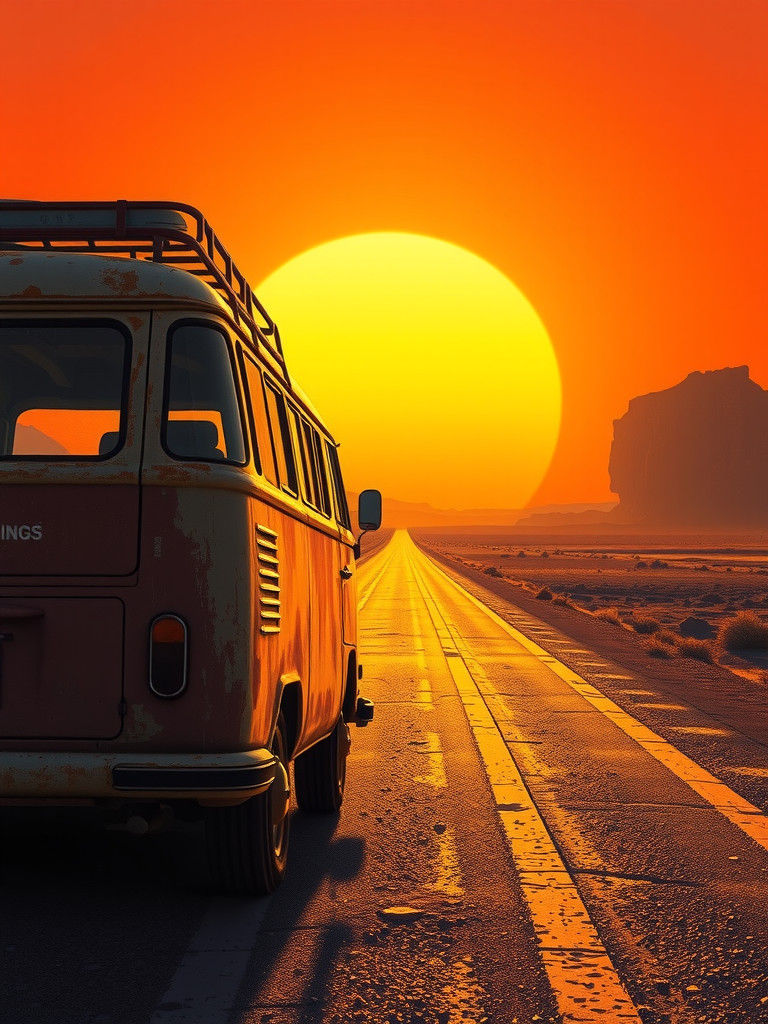 Vintage Van Sunset: Manga-Style Key Visual