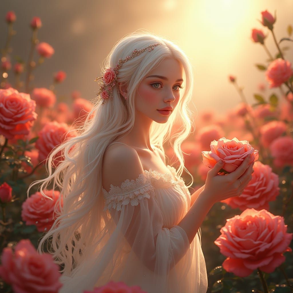 Rose Princess Awakening in Dew-Kissed Garden