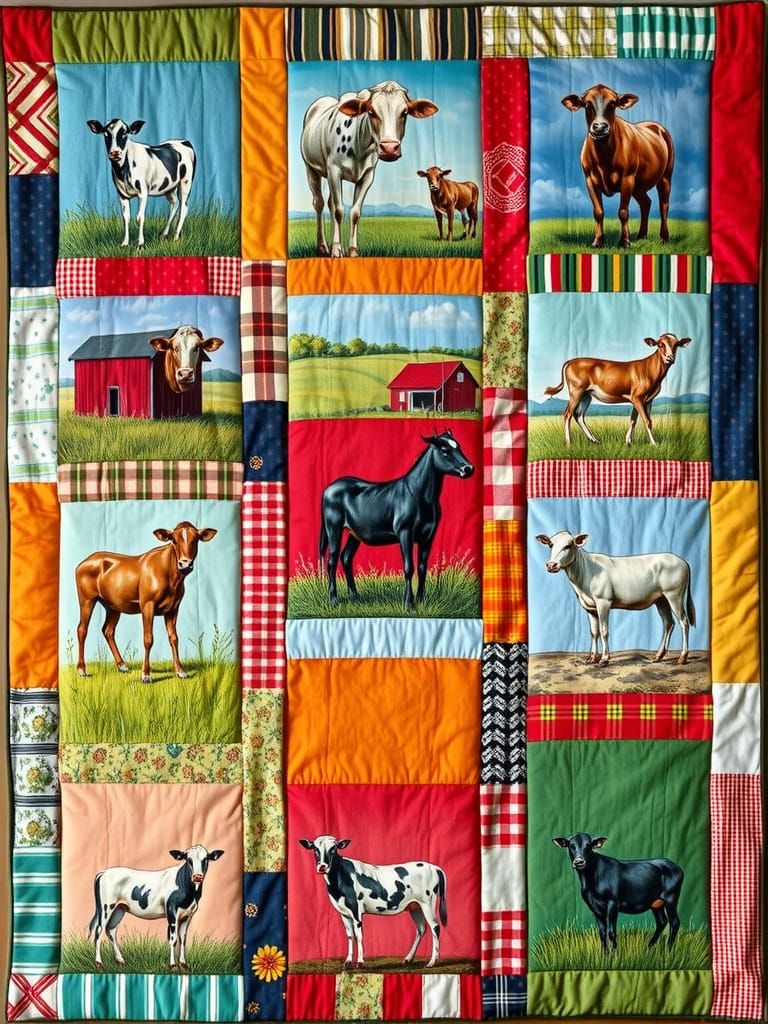 Vibrant Patchwork Quilt with Realistic Farm Animals in a Col...
