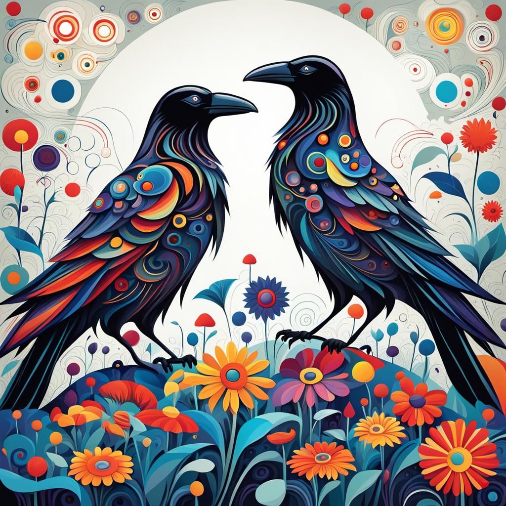 Crow and Cat in Flower Garden, Kandinsky Style