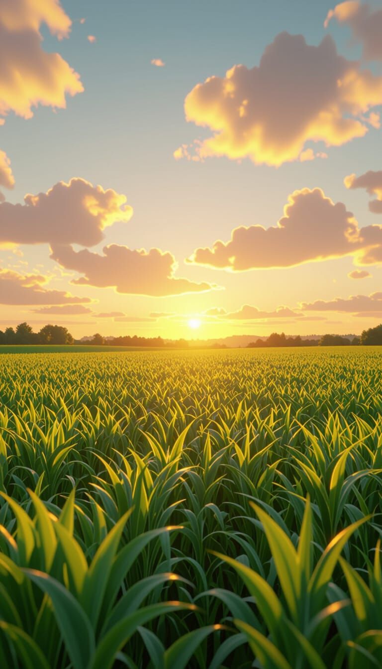 Lush Green Farm Field at Golden Sunset in 3D Anime Style