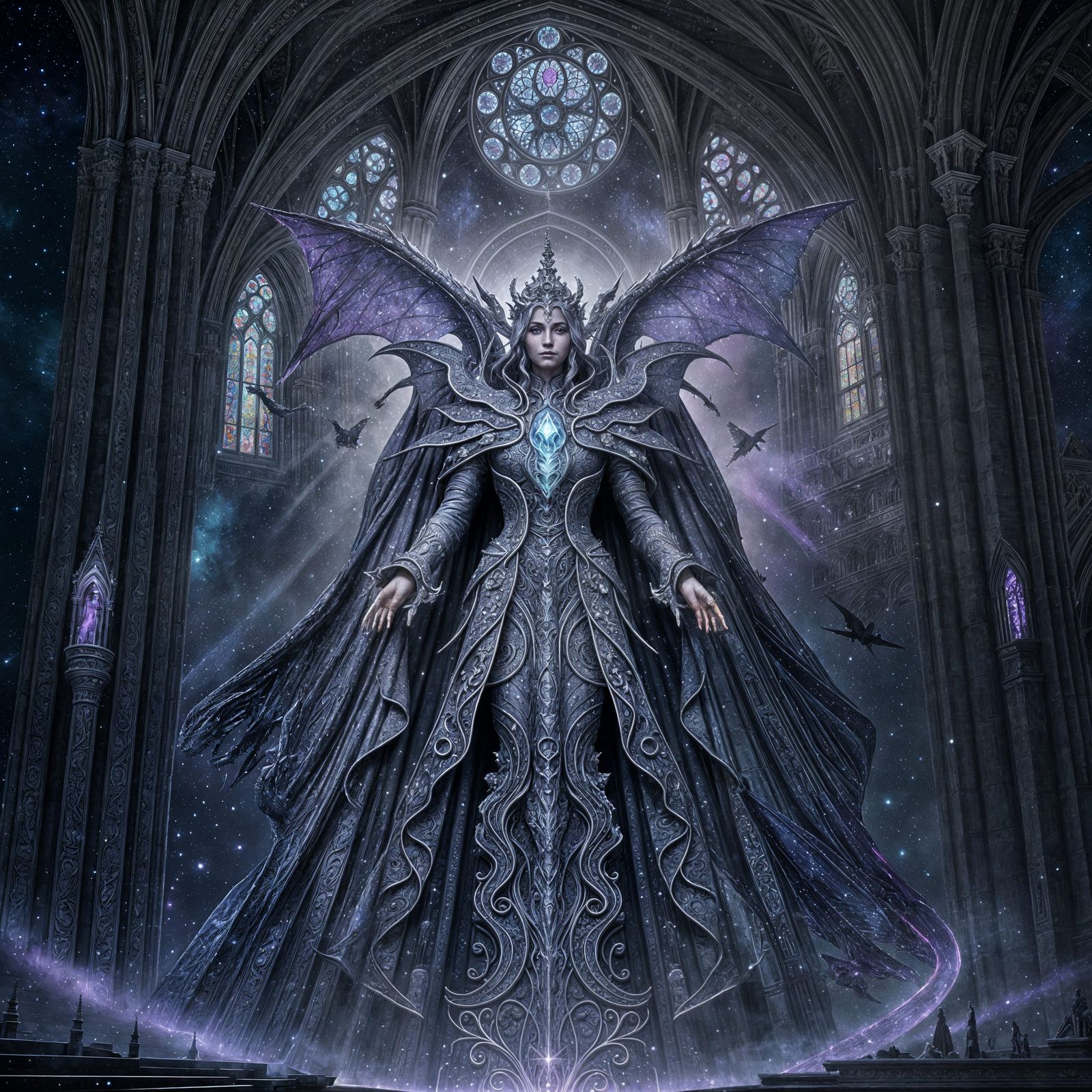 Celestial Dragon Amidst Gothic Cathedral of Amethyst and Sta...