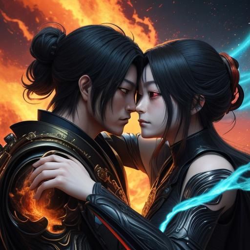 Passionate Lovers Embrace in Fiery Anime Scene