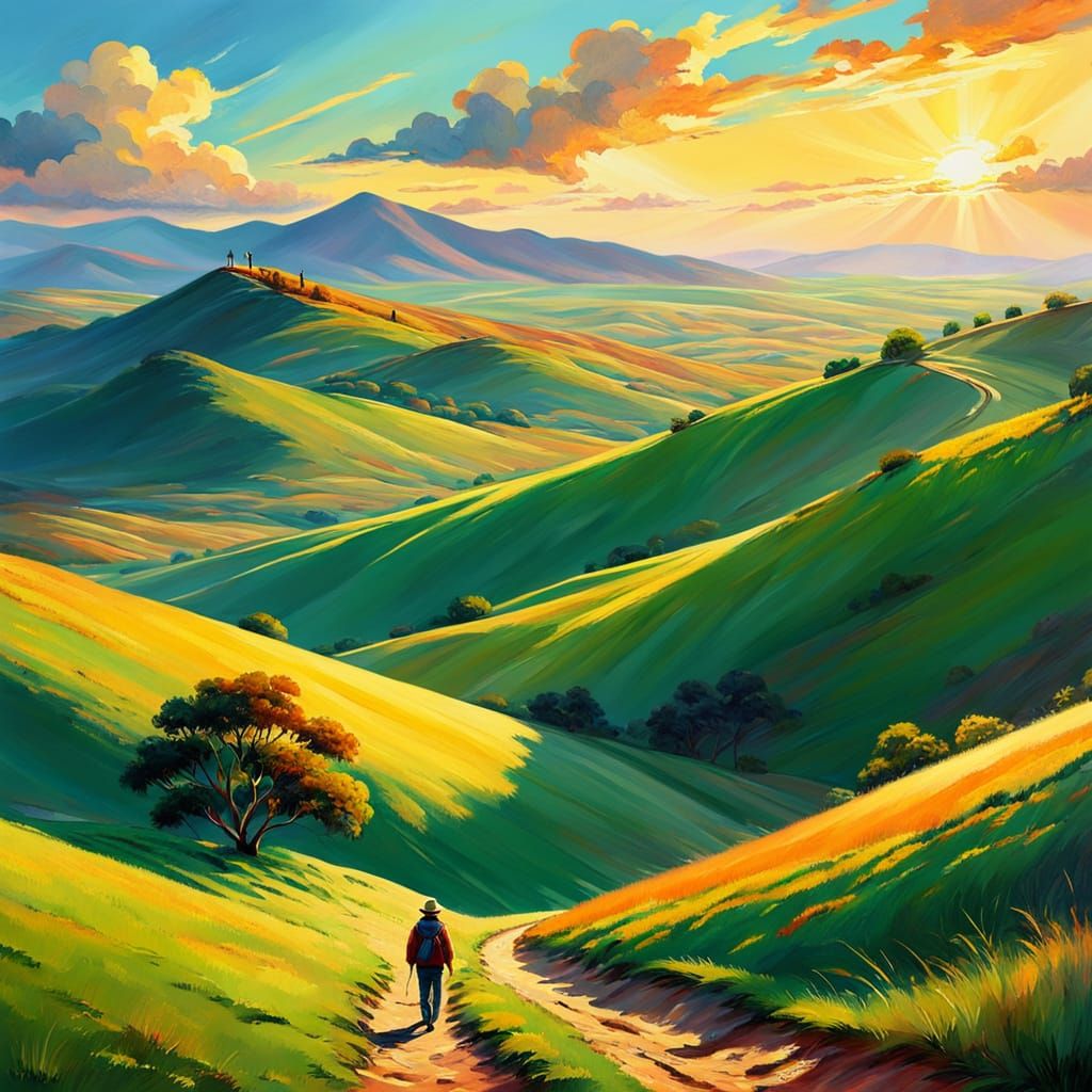 Picturesque Landscape Painting of Person Walking on Hills
