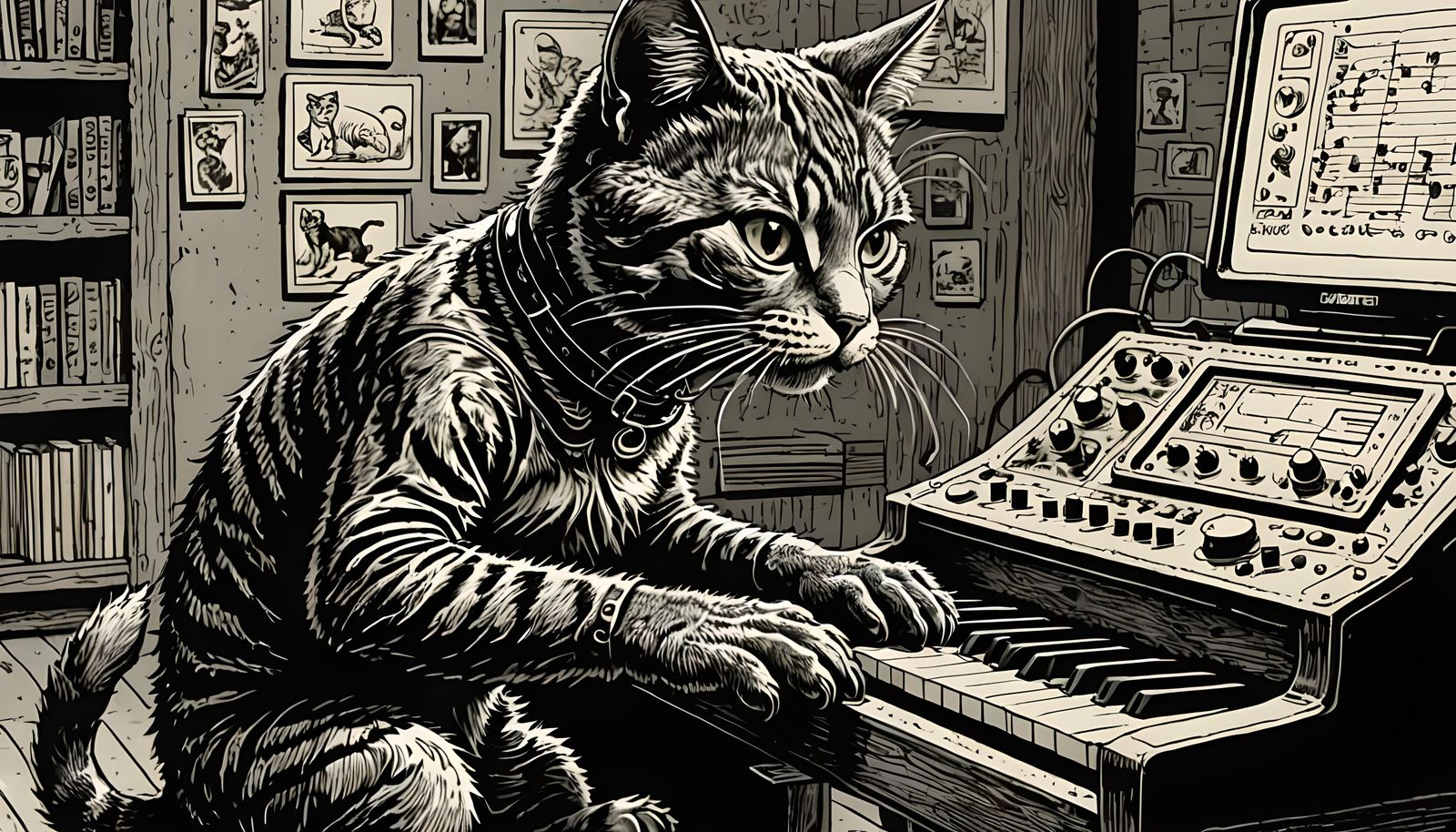 Cat Playing Synth in Pen and Ink Style
