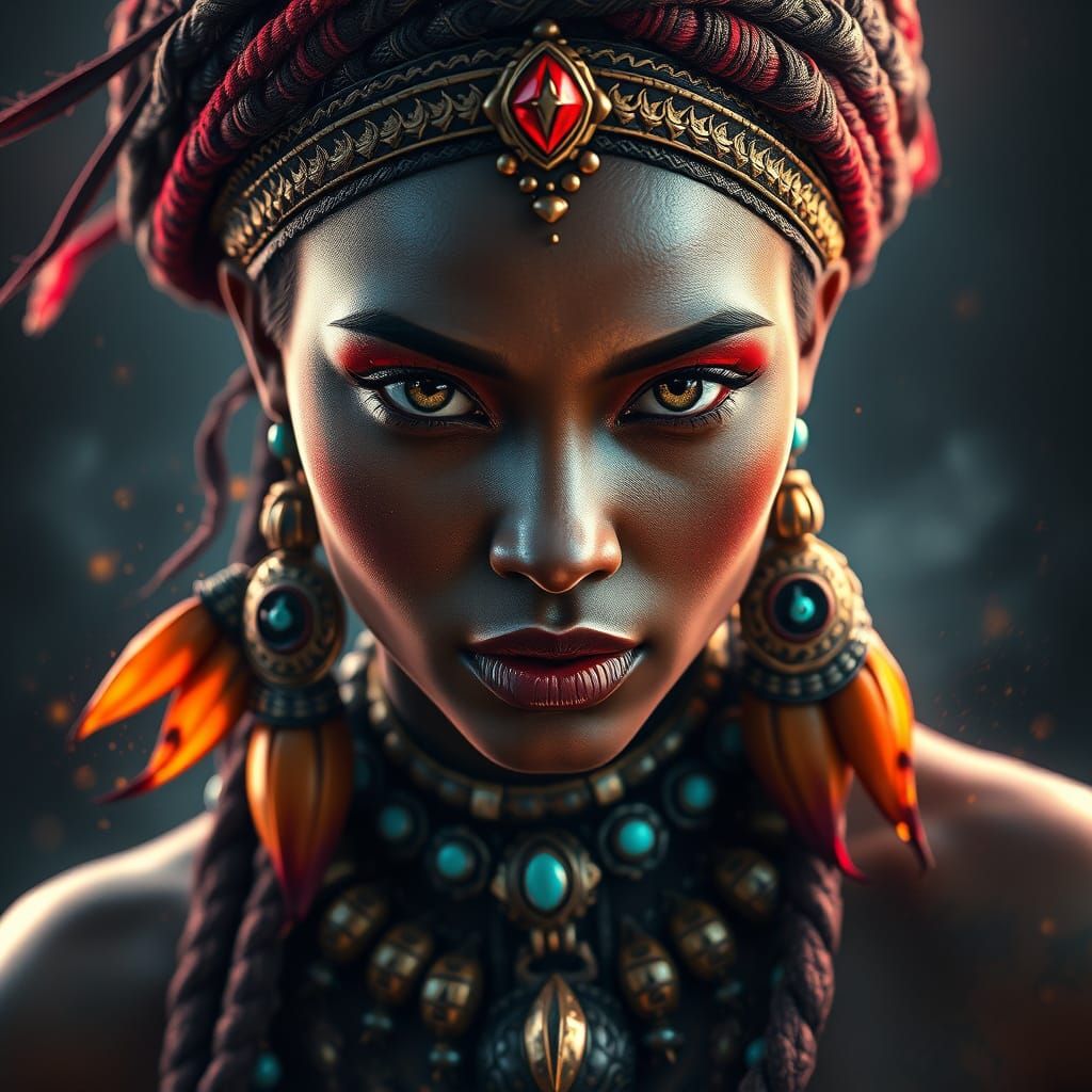 Exotic Tribal Goddess Portrait in Triadic Colors