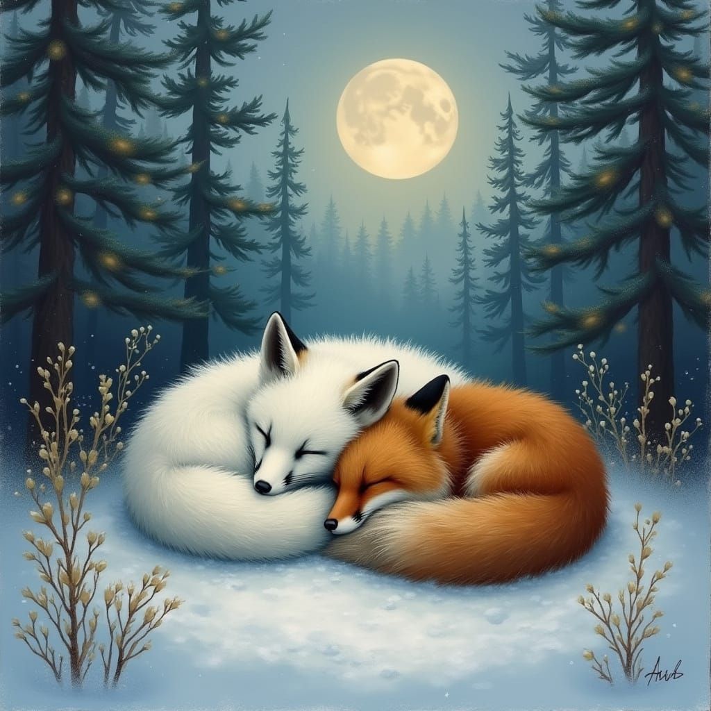 Arctic and Red Foxes Sleeping Peacefully in Moonlight Oil Pa...
