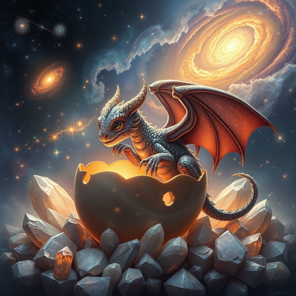 Celestial Baby Dragon Emerges from Glowing Crystal Egg