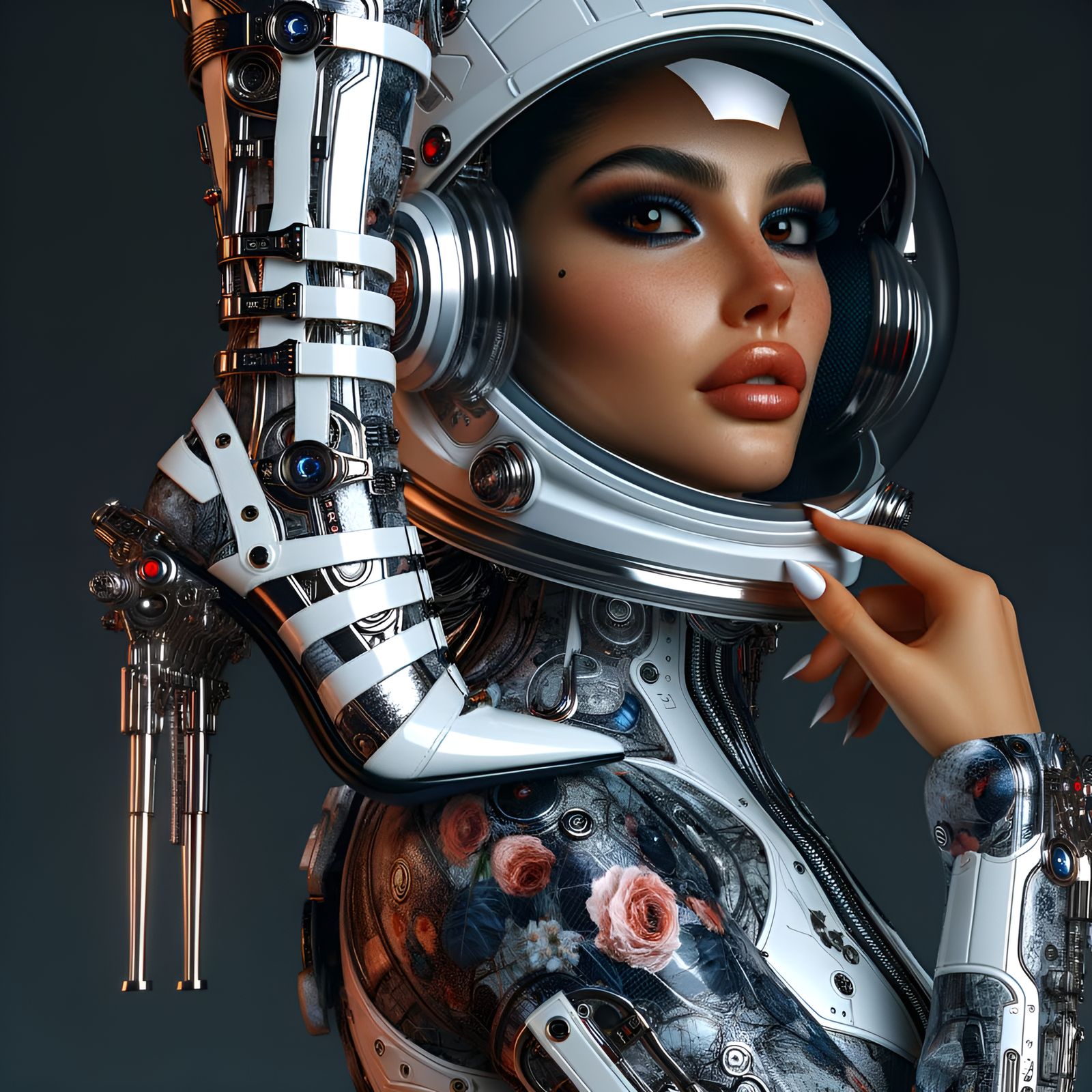 Hispanic Cyborg Astronaut in High Fashion Spacesuit