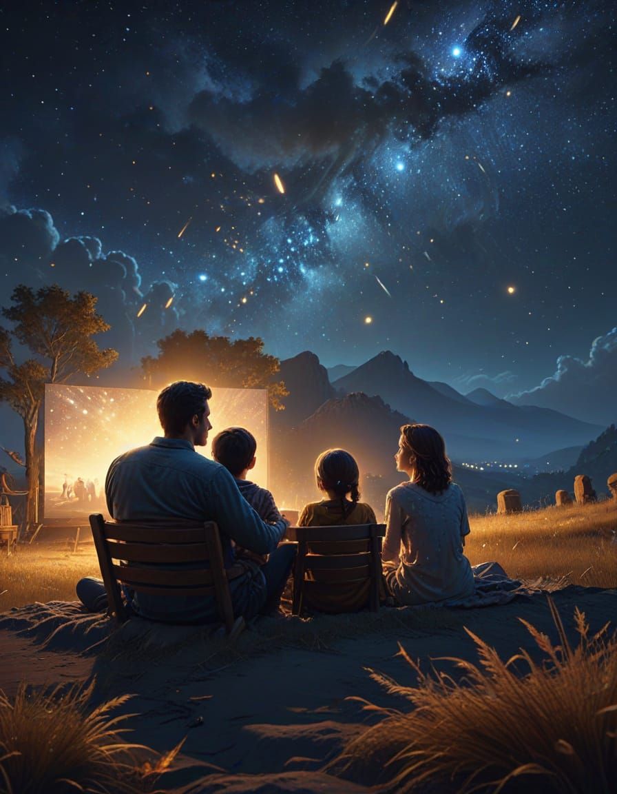 Family Movie Night Under Starry Sky, Oil Painting